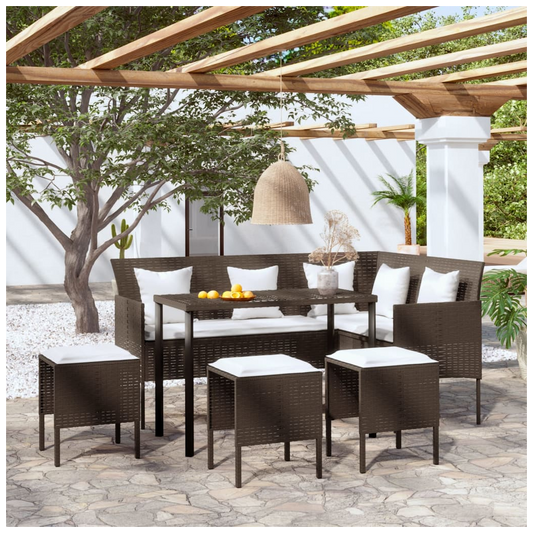 5 Piece L-shaped Couch Sofa Set with Cushions Poly Rattan Brown