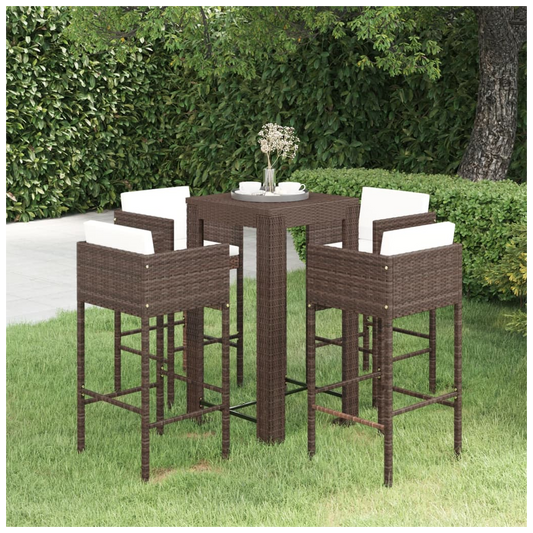 5 Piece Garden Bar Set with Cushions Poly Rattan Brown