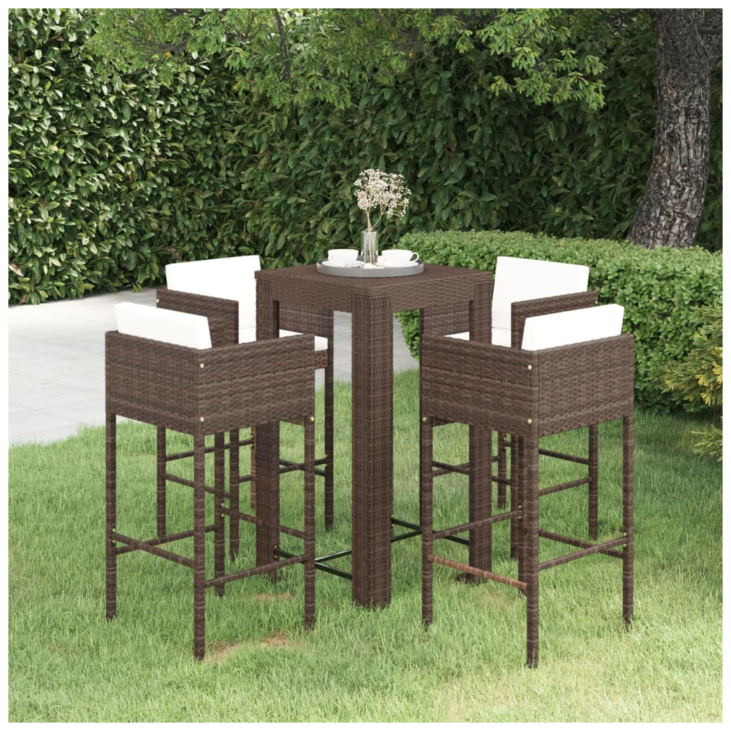 5 Piece Garden Bar Set with Cushions Poly Rattan Brown
