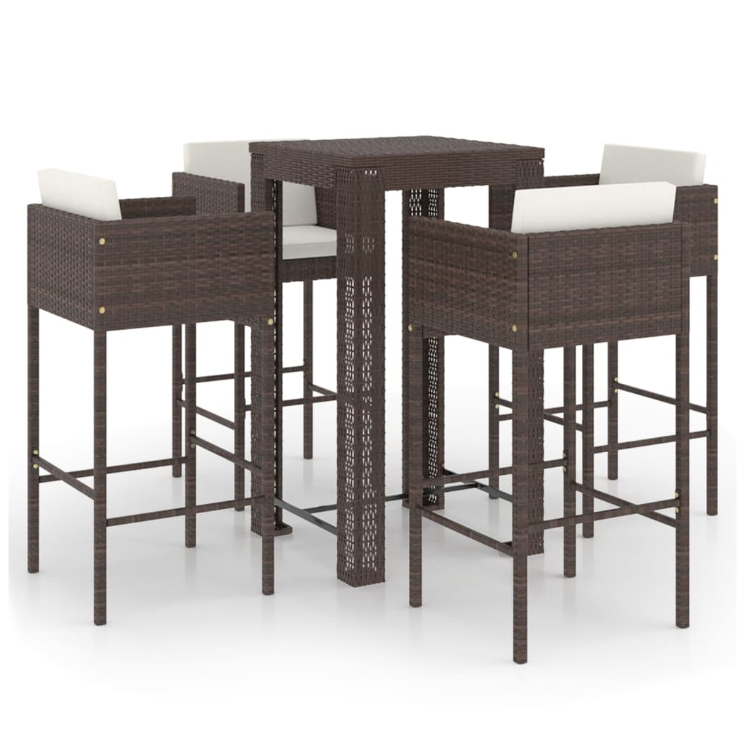 5 Piece Garden Bar Set with Cushions Poly Rattan Brown