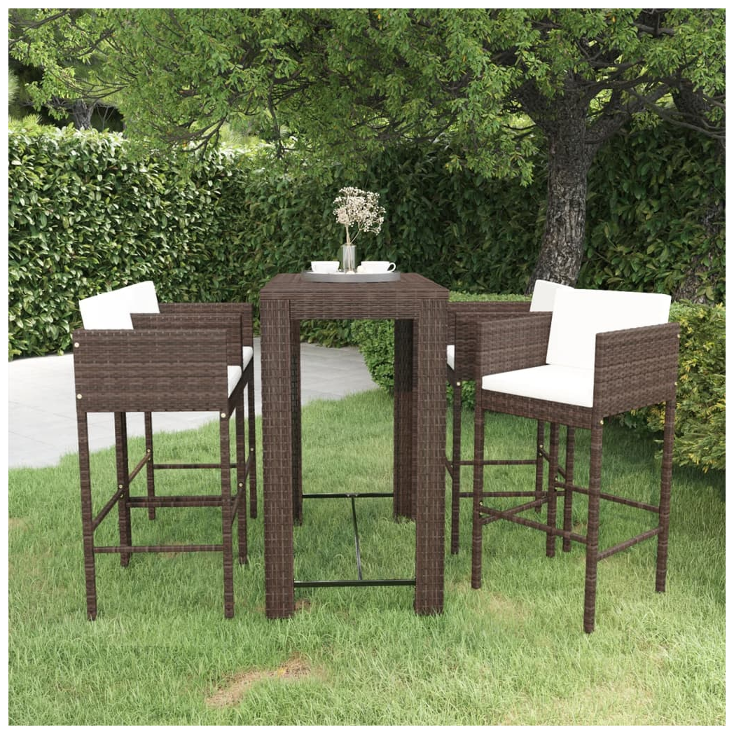 5 Piece Garden Bar Set with Cushions Poly Rattan Brown