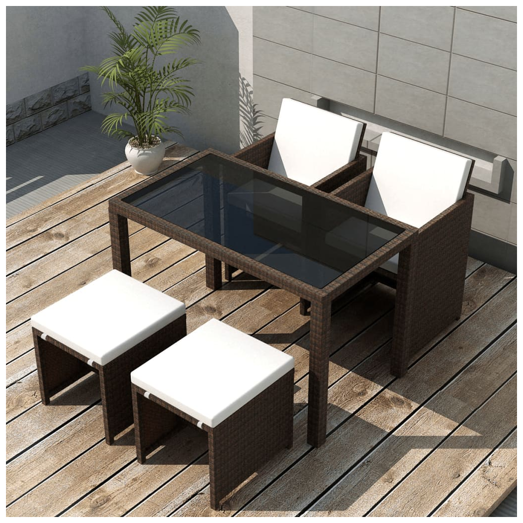 5 Piece Outdoor Dining Set with Cushions Poly Rattan Brown