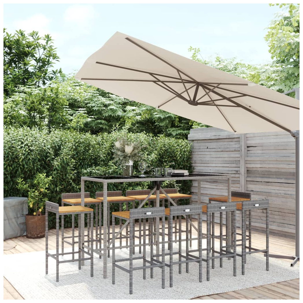11 Piece Garden Bar Set Grey Poly Rattan& Solid Wood Acacia