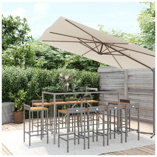 11 Piece Garden Bar Set Grey Poly Rattan& Solid Wood Acacia