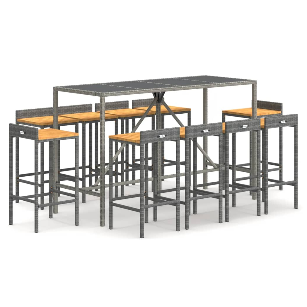 11 Piece Garden Bar Set Grey Poly Rattan& Solid Wood Acacia