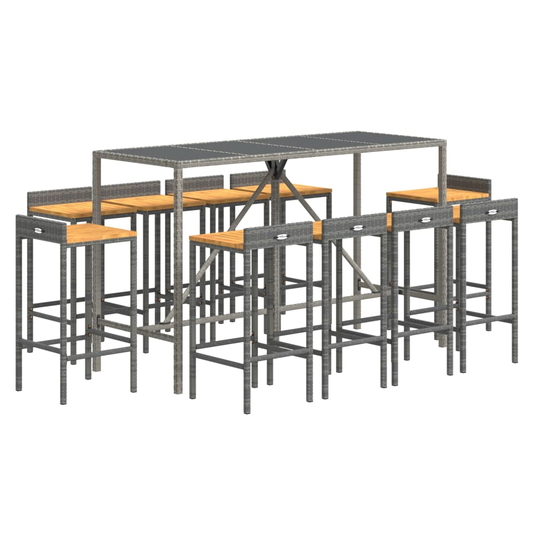 11 Piece Garden Bar Set Grey Poly Rattan& Solid Wood Acacia