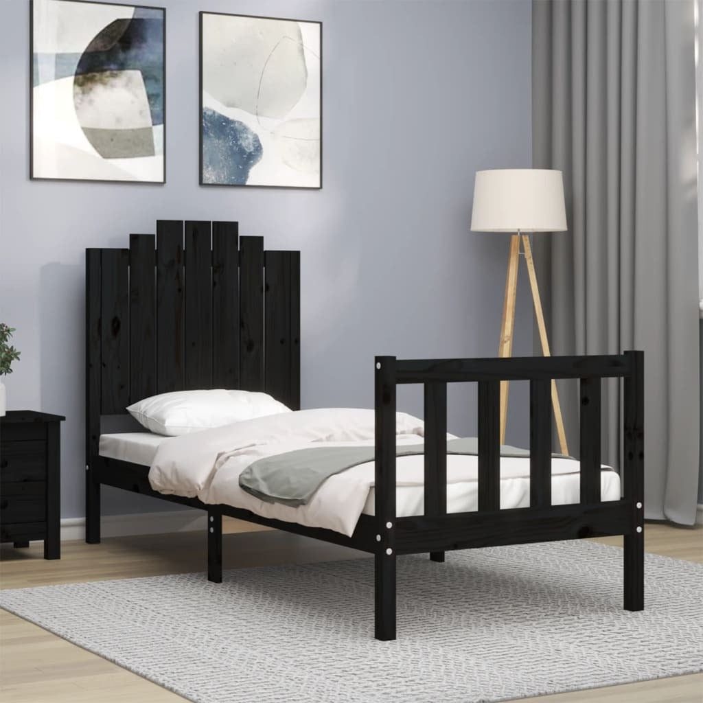 Bed Frame with Headboard Black Small Single Solid Wood