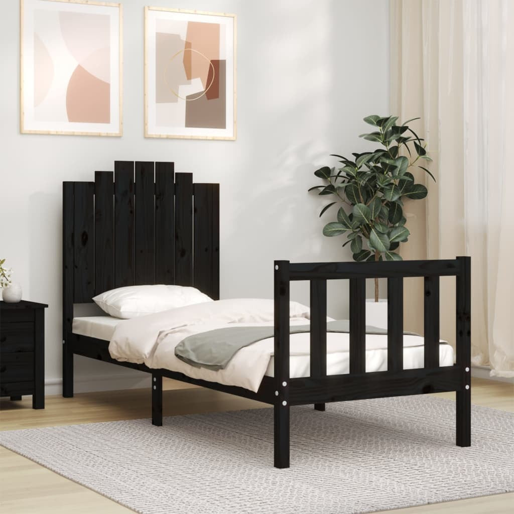 Bed Frame with Headboard Black Small Single Solid Wood