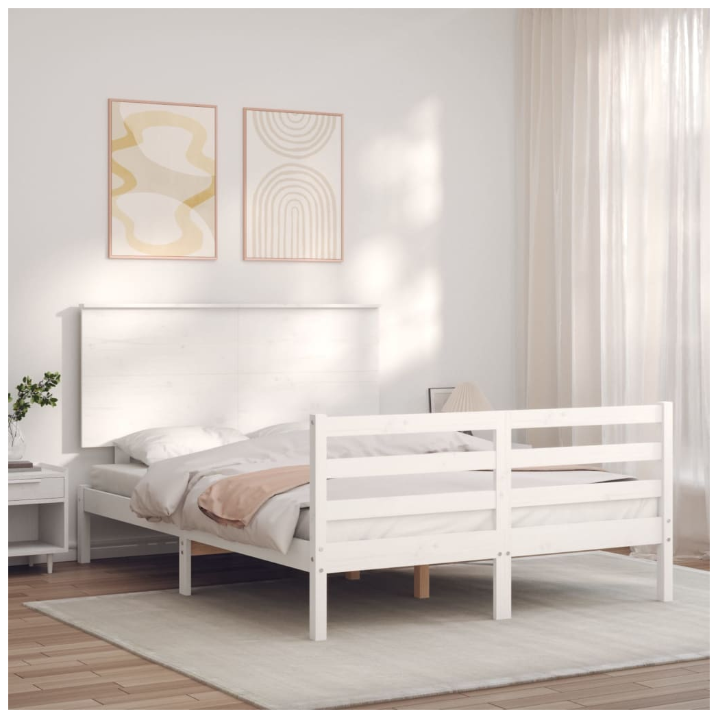 Bed Frame with Headboard White Small Double Solid Wood
