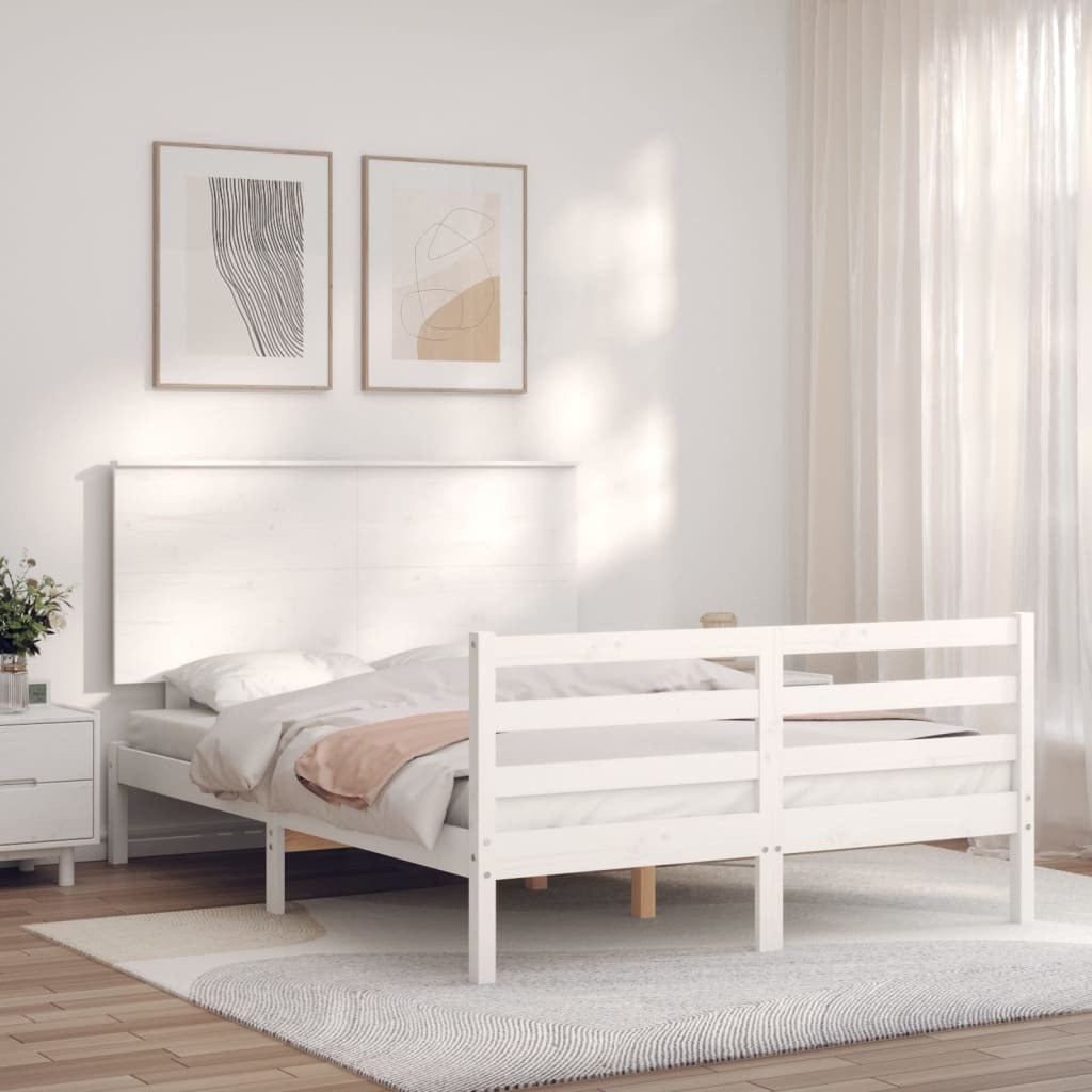 Bed Frame with Headboard White Small Double Solid Wood