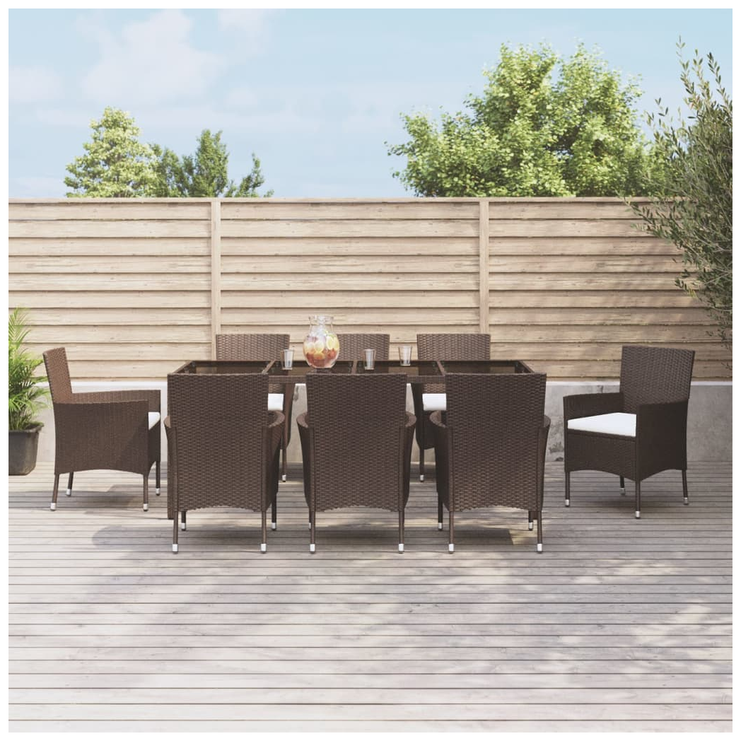 9 Piece Garden Dining Set with Cushions Brown Poly Rattan