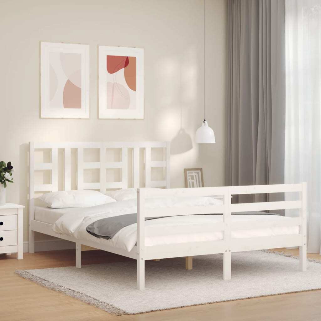 Bed Frame with Headboard White King Size Solid Wood