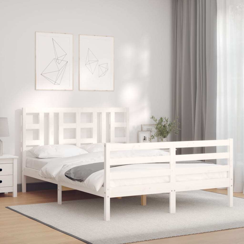 Bed Frame with Headboard White King Size Solid Wood