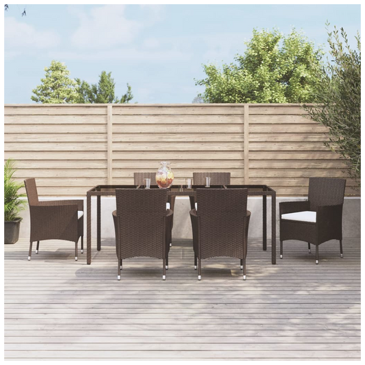 7 Piece Garden Dining Set with Cushions Brown Poly Rattan