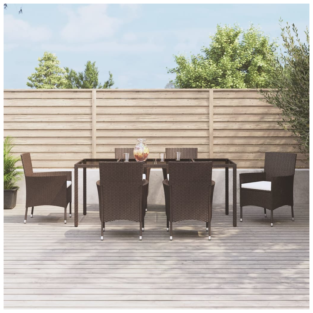 7 Piece Garden Dining Set with Cushions Brown Poly Rattan