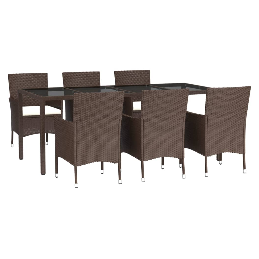 7 Piece Garden Dining Set with Cushions Brown Poly Rattan