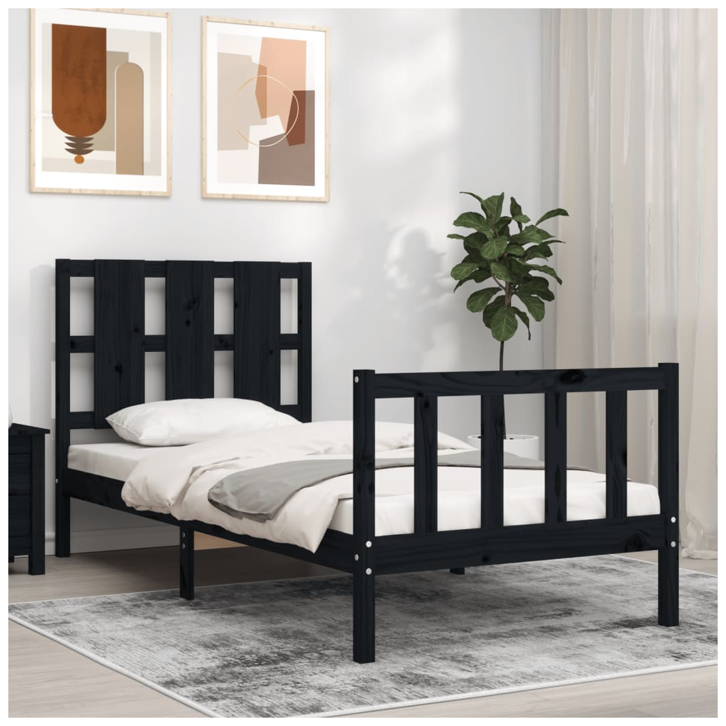 Bed Frame with Headboard Black Small Single Solid Wood