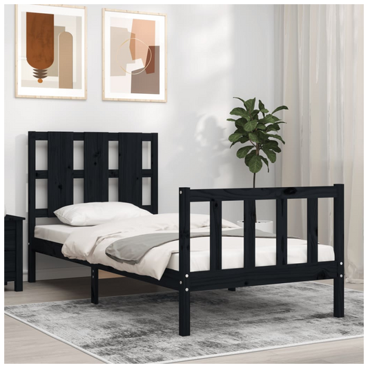 Bed Frame with Headboard Black Small Single Solid Wood