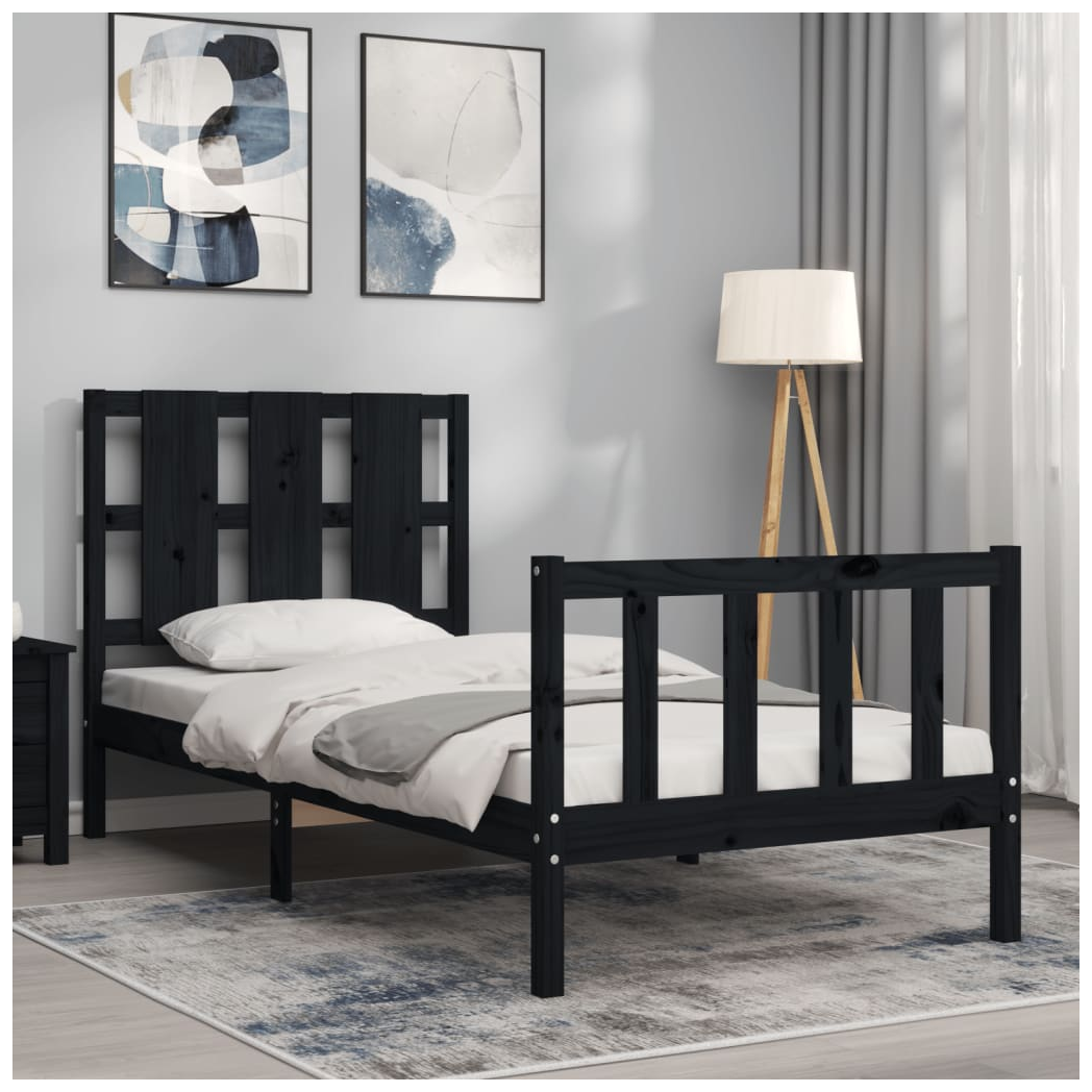 Bed Frame with Headboard Black Small Single Solid Wood