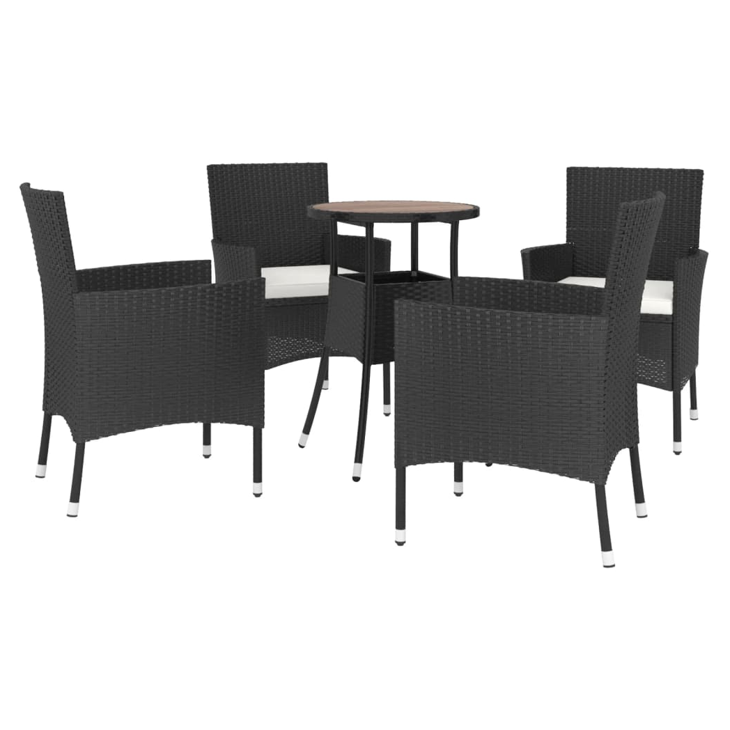 5 Piece Garden Bistro Set with Cushions Black Poly Rattan