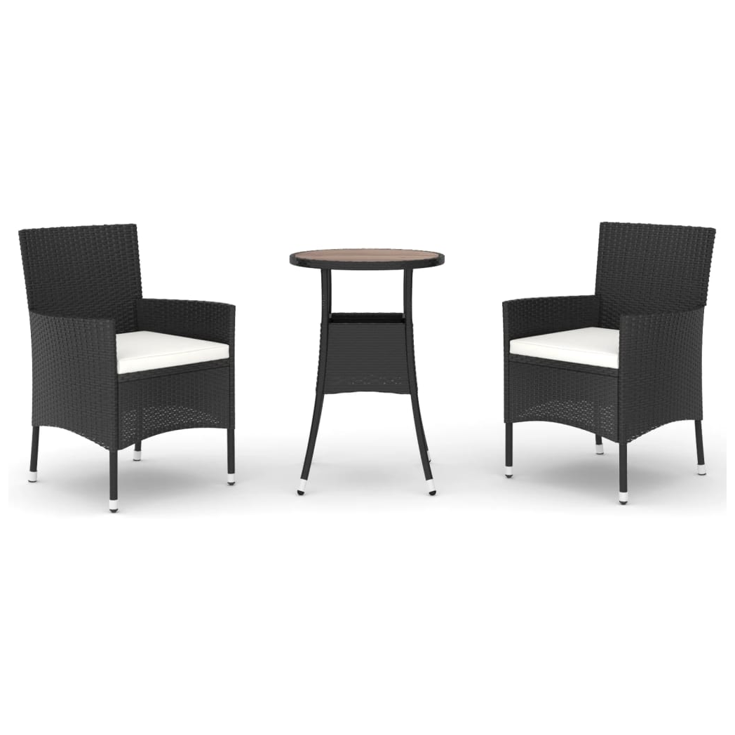 3 Piece Garden Bistro Set with Cushions Black Poly Rattan