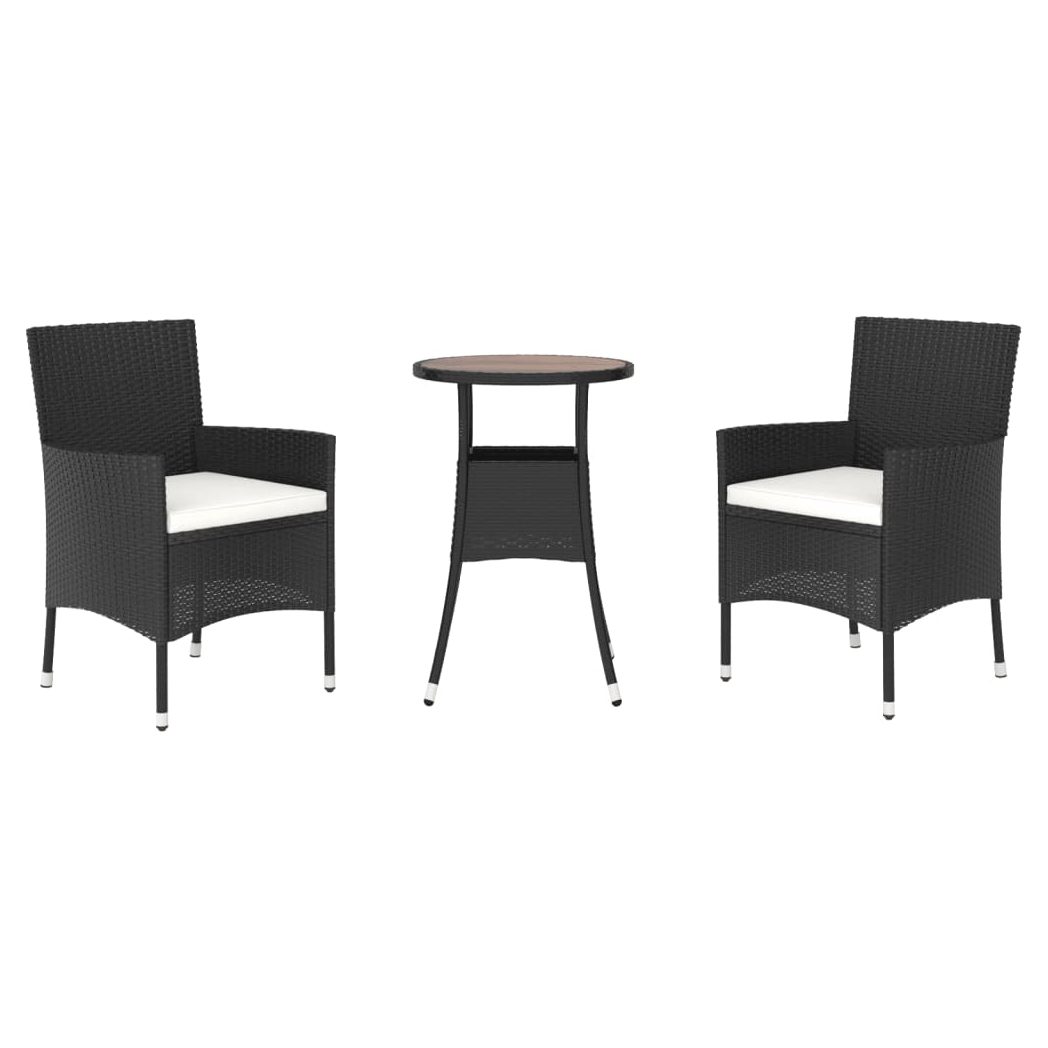 3 Piece Garden Bistro Set with Cushions Black Poly Rattan