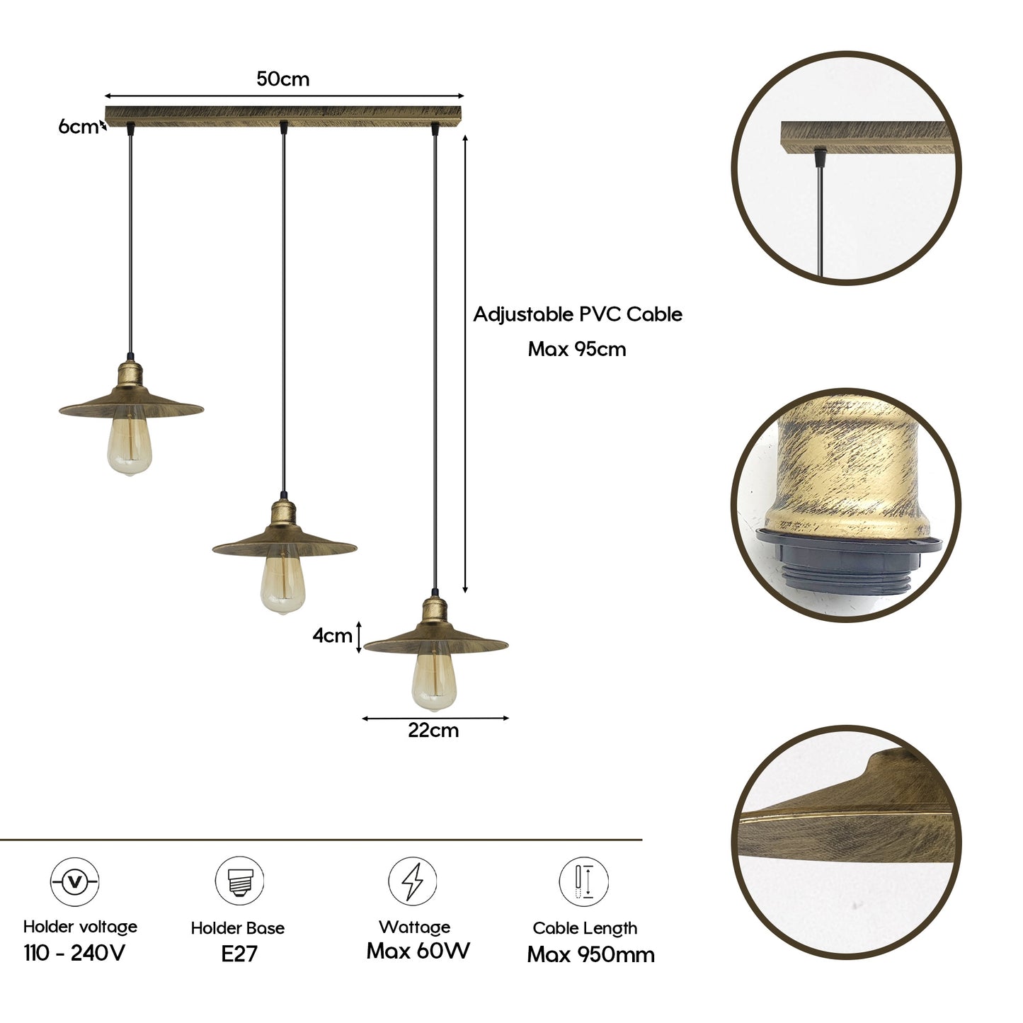 4 Head Vintage Industrial Brushed Brass Ceiling Pendant Easy Fit Light  Metal 22cm Ceiling Lighting Shade