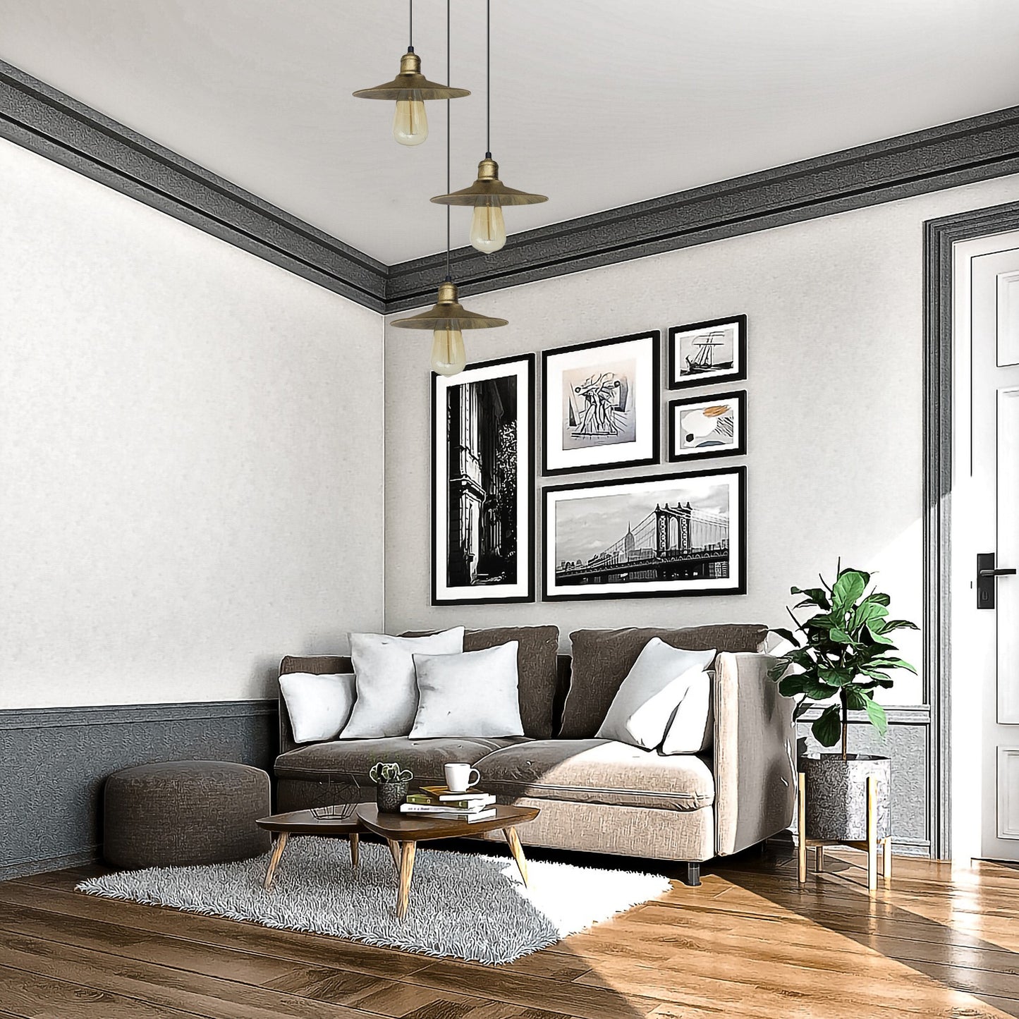 3 Head Vintage Industrial Brushed Brass Ceiling Pendant Easy Fit Light  Metal 22cm Ceiling Lighting Shade