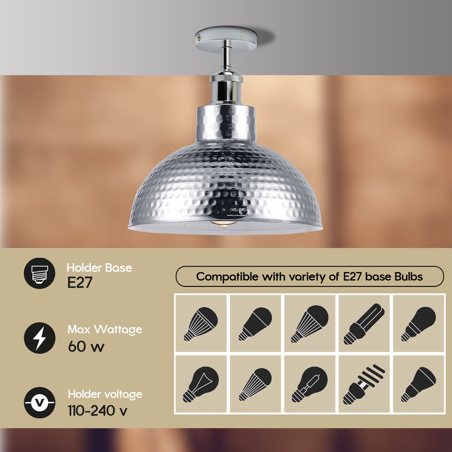 2 Pack Vintage Industrial Style Chrome Flush Mount Metal Ceiling Light