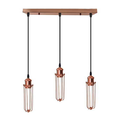 3 Head Rectangle Rose Gold Ceiling E27 Pendant Light with Wire Cage, Industrial Vintage Hanging Lamp Fixture