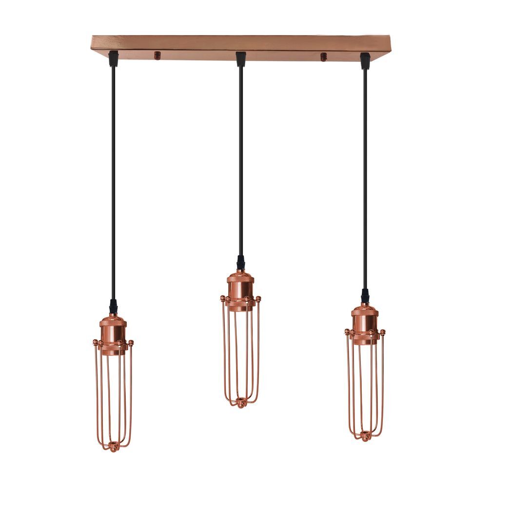 3 Head Rectangle Rose Gold Ceiling E27 Pendant Light with Wire Cage, Industrial Vintage Hanging Lamp Fixture