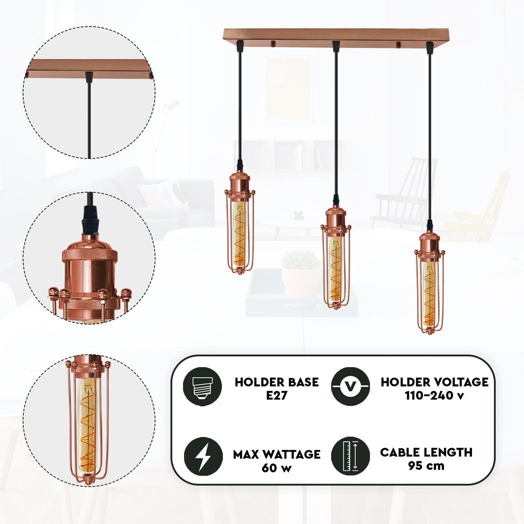 3 Head Rectangle Rose Gold Ceiling E27 Pendant Light with Wire Cage, Industrial Vintage Hanging Lamp Fixture