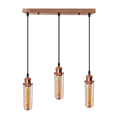 3 Head Rectangle Rose Gold Ceiling E27 Pendant Light with Wire Cage, Industrial Vintage Hanging Lamp Fixture