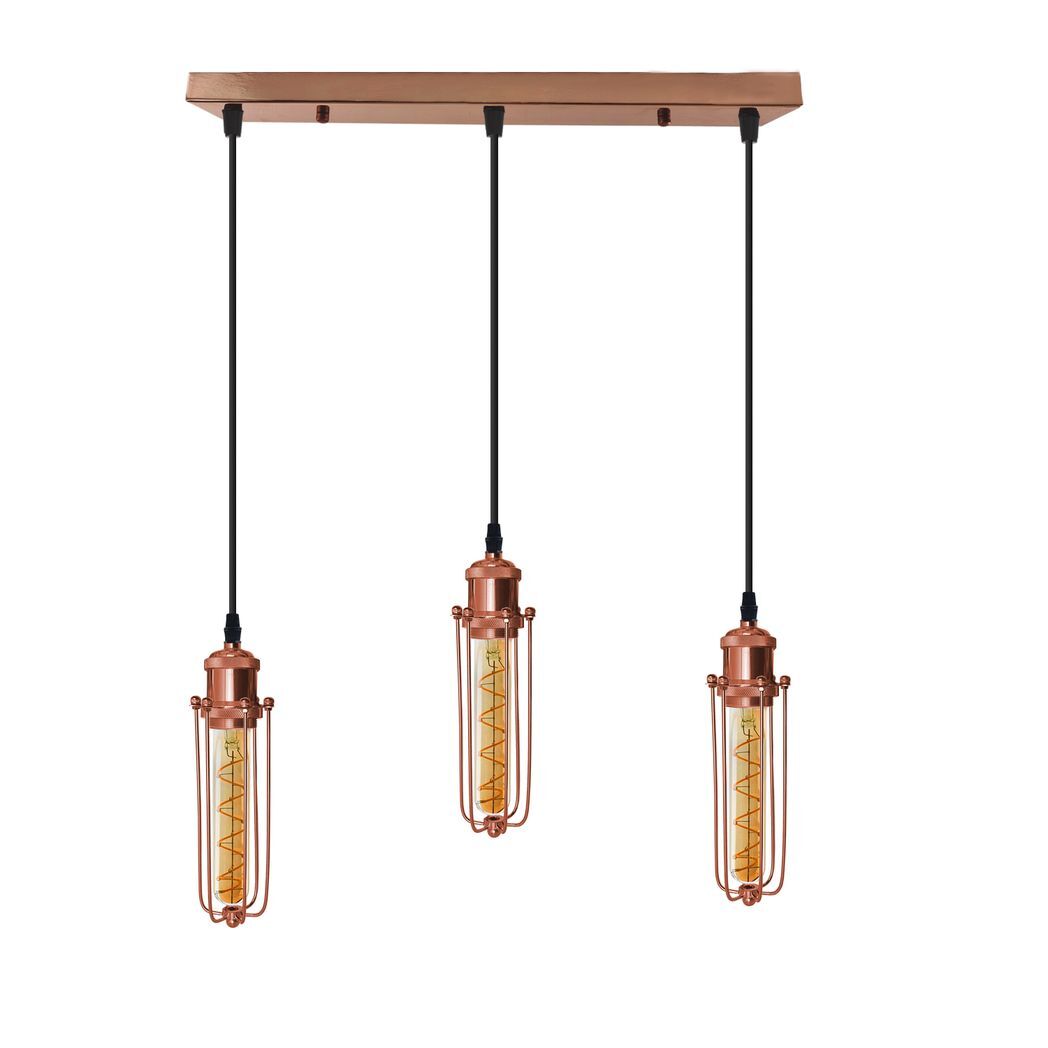 3 Head Rectangle Rose Gold Ceiling E27 Pendant Light with Wire Cage, Industrial Vintage Hanging Lamp Fixture