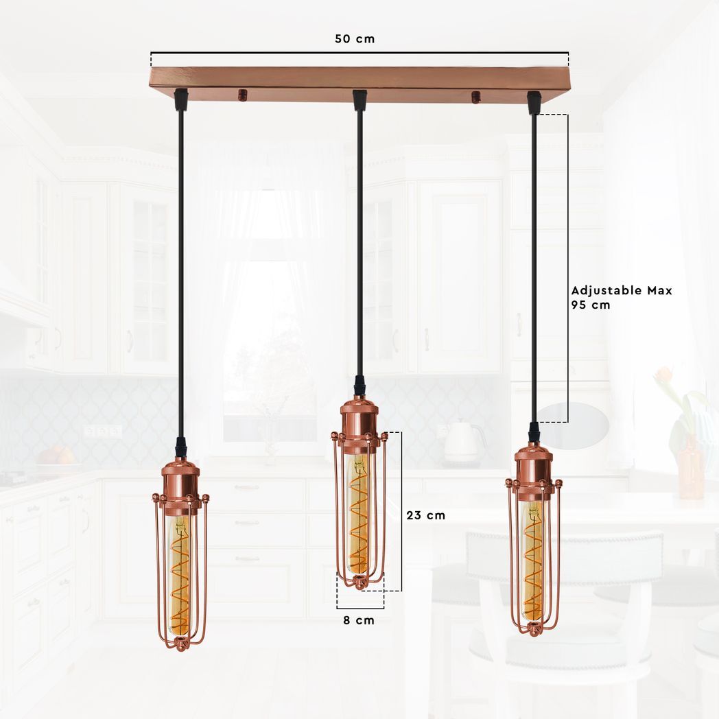 3 Head Rectangle Rose Gold Ceiling E27 Pendant Light with Wire Cage, Industrial Vintage Hanging Lamp Fixture