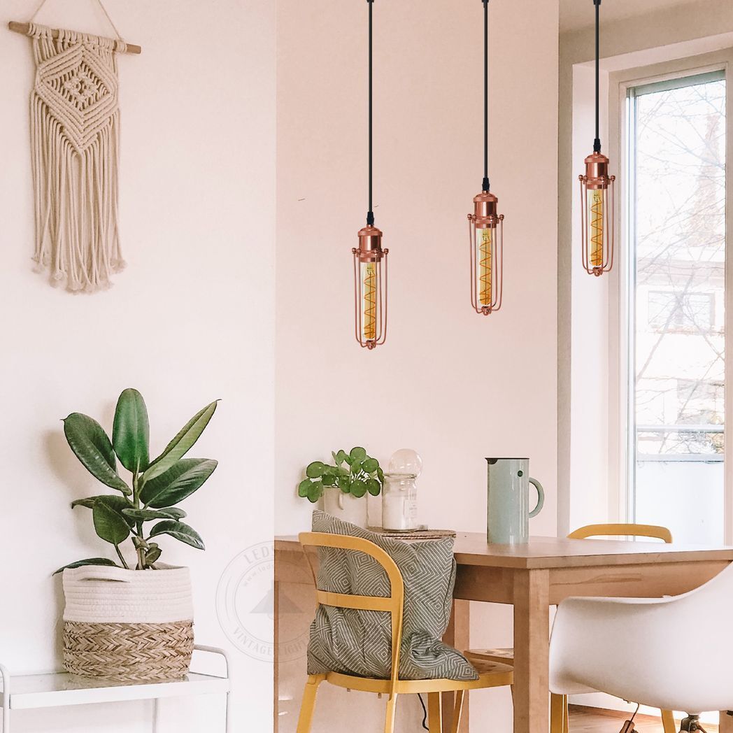 3 Head Rectangle Rose Gold Ceiling E27 Pendant Light with Wire Cage, Industrial Vintage Hanging Lamp Fixture