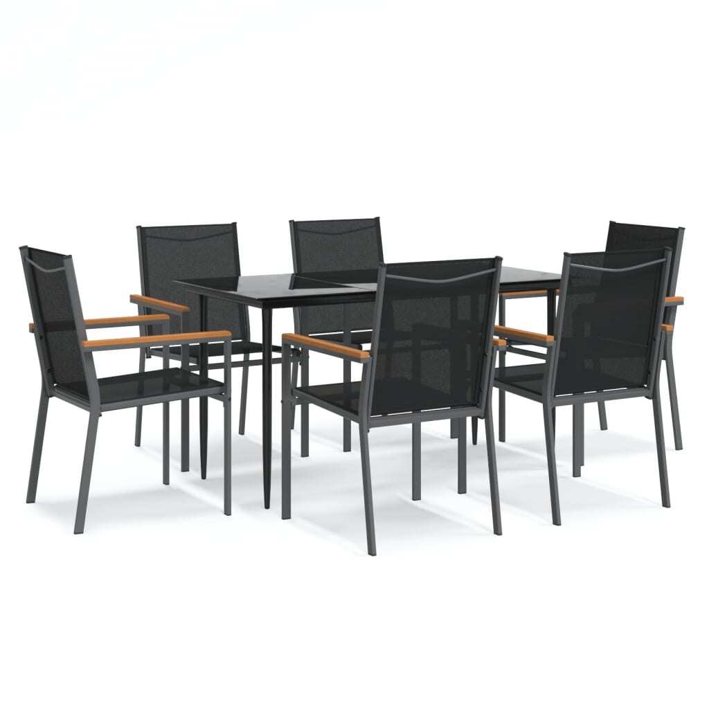 7 Piece Garden Dining Set Black Textilene and Steel