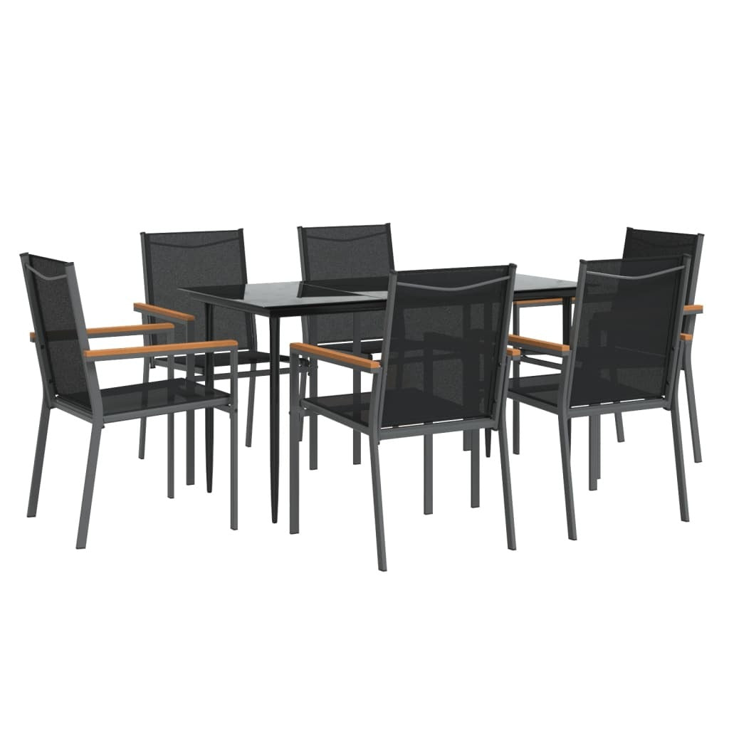 7 Piece Garden Dining Set Black Textilene and Steel