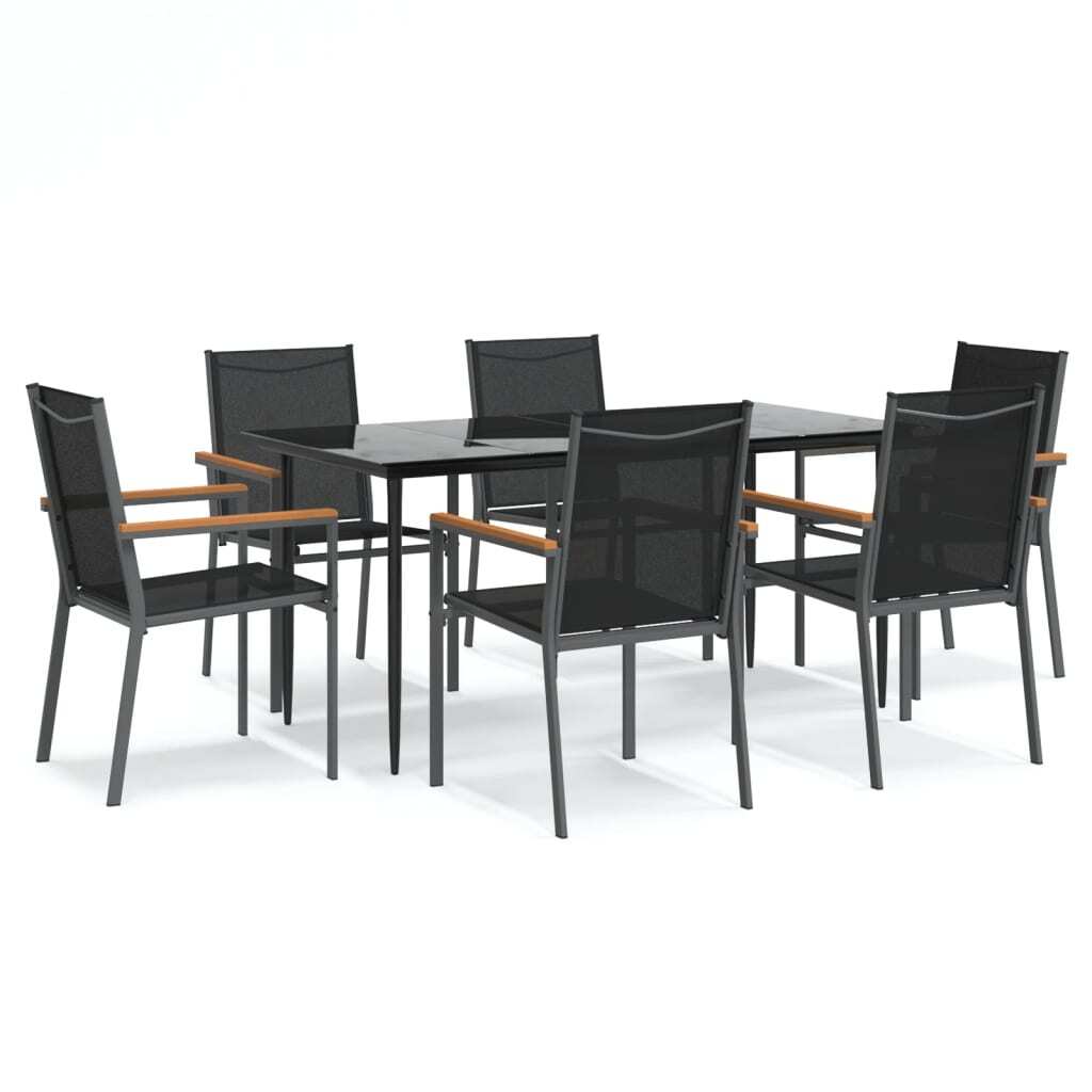 7 Piece Garden Dining Set Black Textilene and Steel