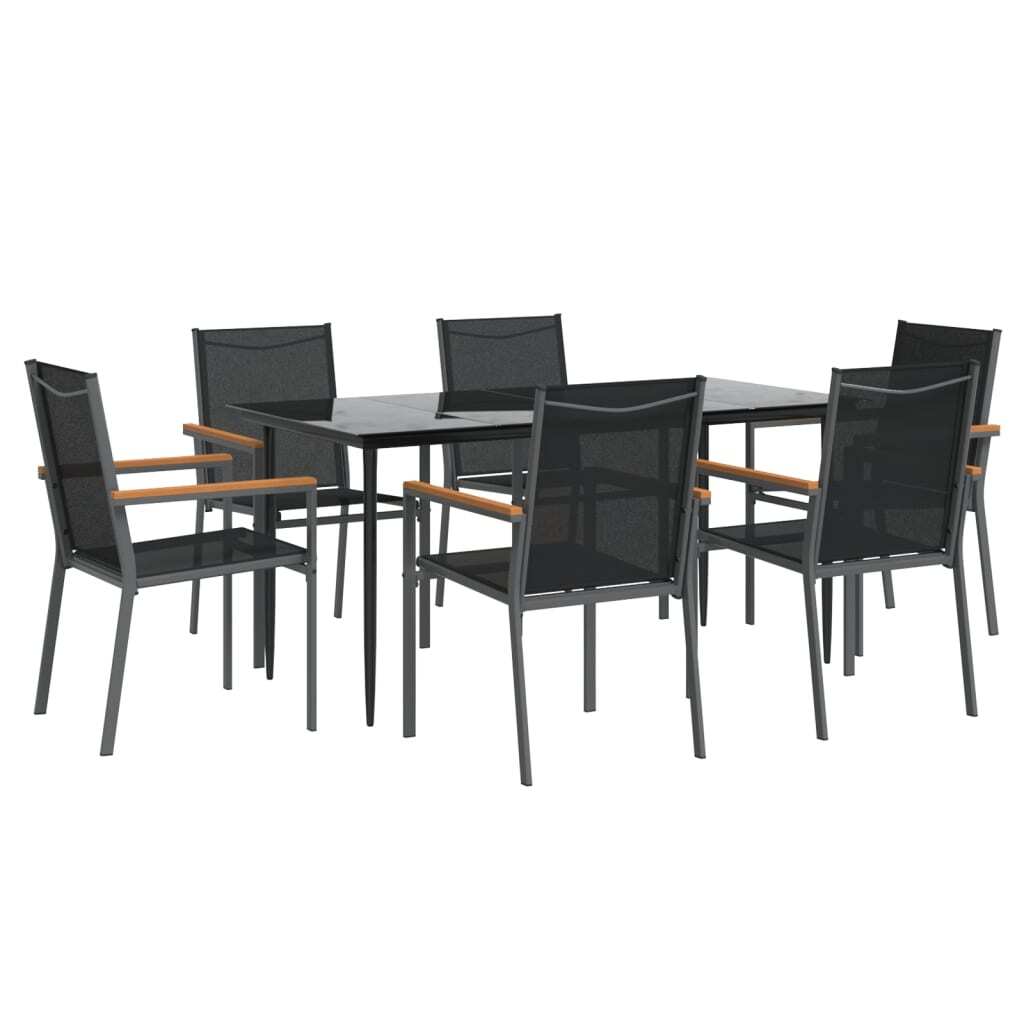 7 Piece Garden Dining Set Black Textilene and Steel