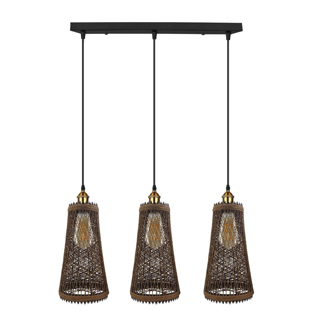 3 Head Natural Wicker Basket Style Retro Industrial Vintage Rattan Ceiling Pendant