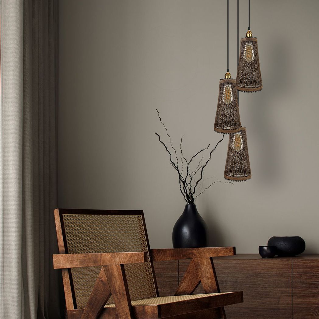 3 Head Natural Wicker Basket Style Retro Industrial Vintage Rattan Ceiling Pendant