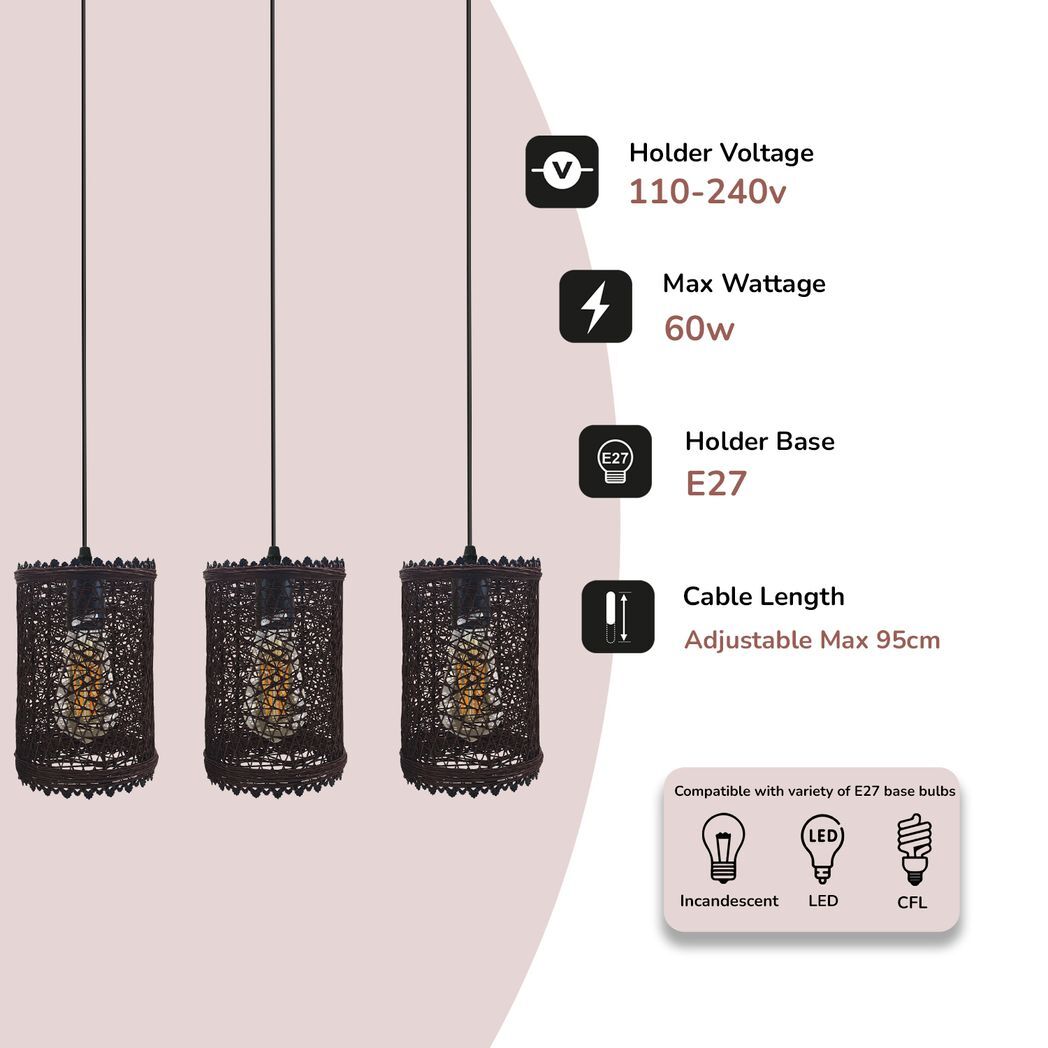 3 Head Rectangle Base Natural Wicker Rattan Ceiling Pendant Light Shade