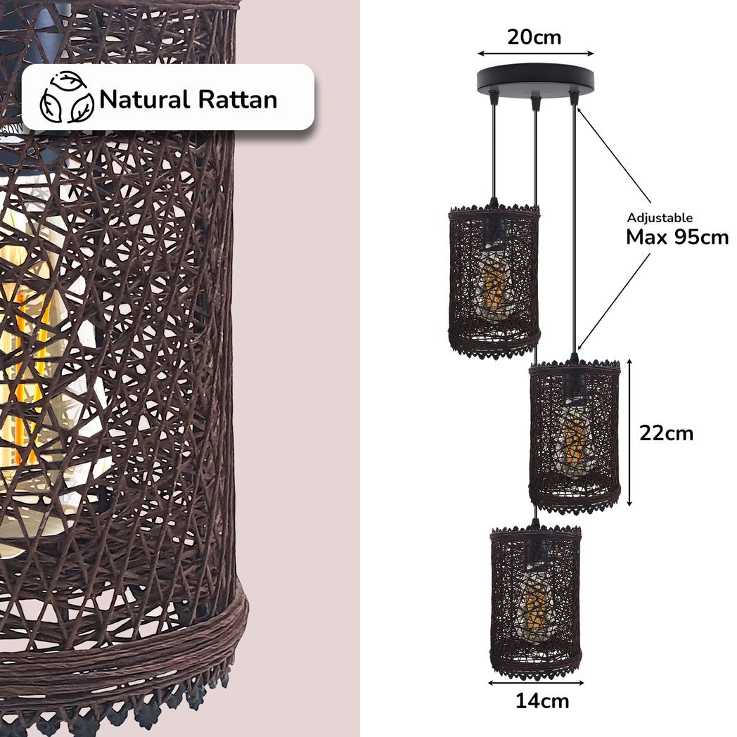 3 Head Round Base Natural Wicker Rattan Ceiling Pendant Light Shade
