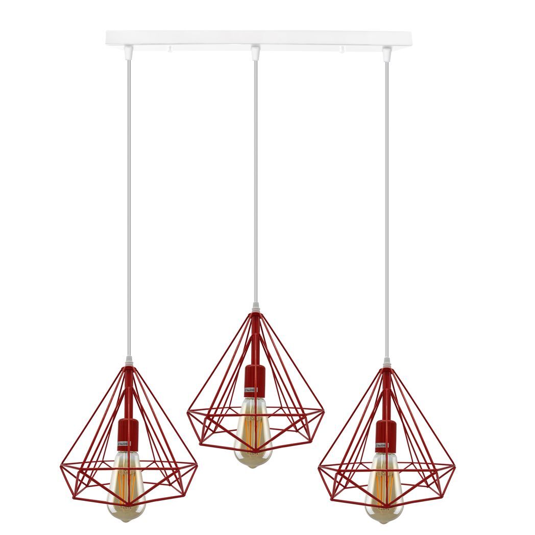 3 Head Red Rectangle Base Vintage Industrial E27 Ceiling Hanging Light Cage Shade Loft Style Metal Ceiling Pendant Lamp