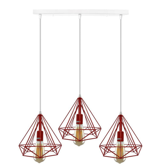 3 Head Red Rectangle Base Vintage Industrial E27 Ceiling Hanging Light Cage Shade Loft Style Metal Ceiling Pendant Lamp