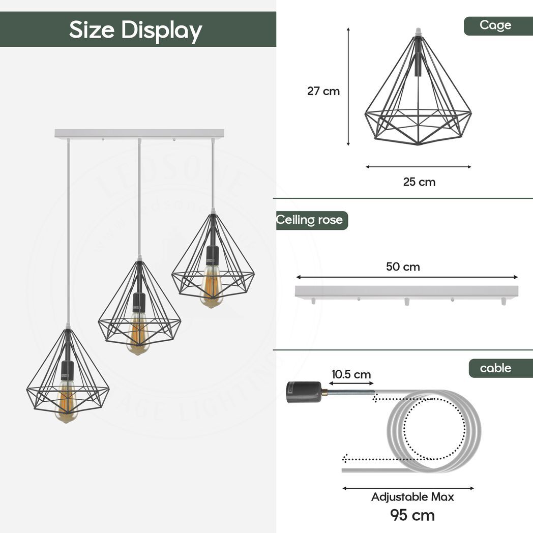 3 Head Red Rectangle Base Vintage Industrial E27 Ceiling Hanging Light Cage Shade Loft Style Metal Ceiling Pendant Lamp
