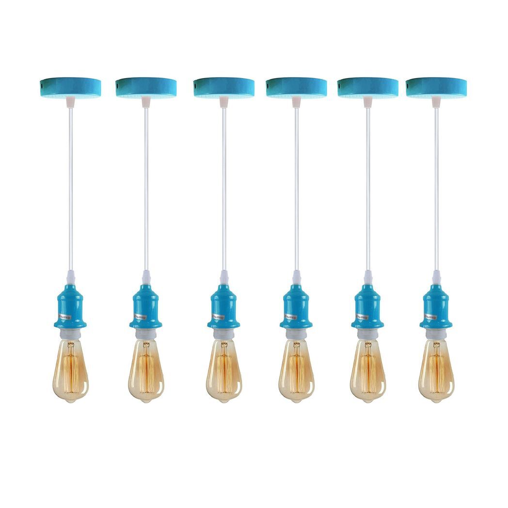 6 Pack Industrial Pendant Light Fitting, Lampshade Addable E27 Lamp Blue Holder Fitting Set With PVC Cable