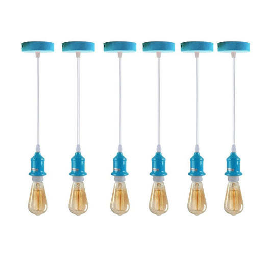6 Pack Industrial Pendant Light Fitting, Lampshade Addable E27 Lamp Blue Holder Fitting Set With PVC Cable