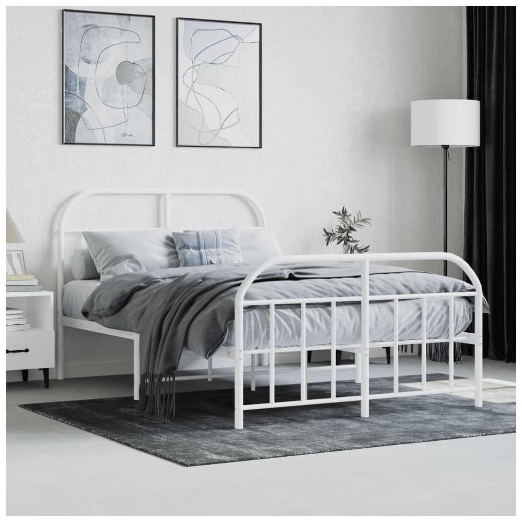 Metal Bed Frame with Headboard and Footboard White 120x190 cm Small Double